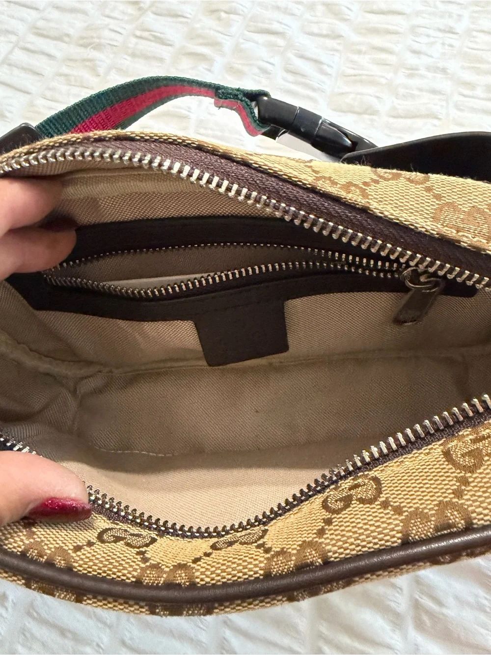 Gucci Beige Canvas Interior Crossbody with Brown Leather Trim